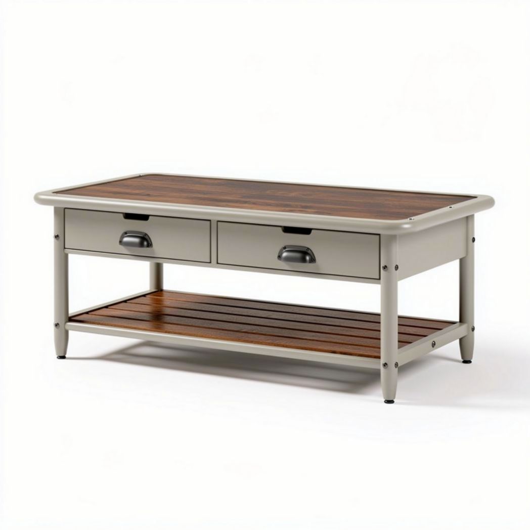 Stół kawowy z drewna i metalu 120 x 60 x 45cm z dwoma szufladami